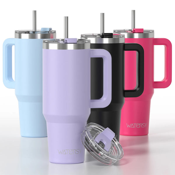 🥤 WATERSY – Vaso térmico de gran capacidad (30/40 oz) de acero inoxidable con asa y pajita, doble aislamiento al vacío para café ☕