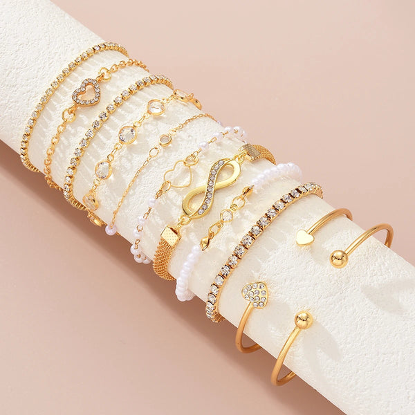 11 Pcs Boho Pearl Crystal Heart Infinity Sign Bracelets for Women Vintage Elegant Gold Color Bracelets Sets New Vacation Jewelry