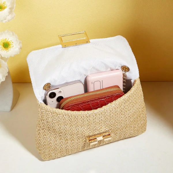 Fashionable retro-style woven single-shoulder women's bag, versatile trendy crossbody straw bag, Bohemian-style small square bag