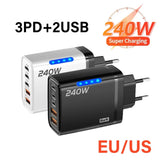 240W 5 Ports USB PD Charger Type C Quick Charge Phone Chargers USB Fast Charging Adapter For iPhone 16 Samsung Xiaomi Huawei
