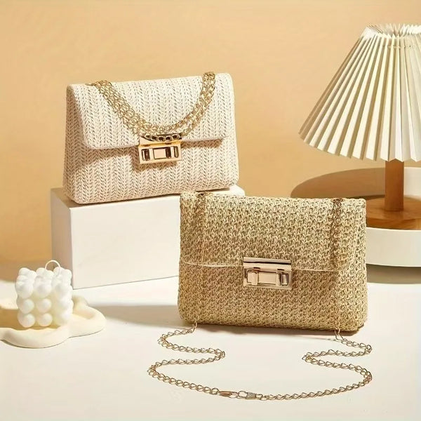 Fashionable retro-style woven single-shoulder women's bag, versatile trendy crossbody straw bag, Bohemian-style small square bag