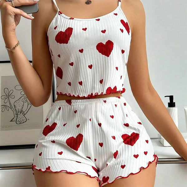 👩‍🛌 Conjunto Pijamas Femininos | 🌙 2 Peças Regata + Shorts | 🤍 Branco Ventilado & 💕 Estampa Love
